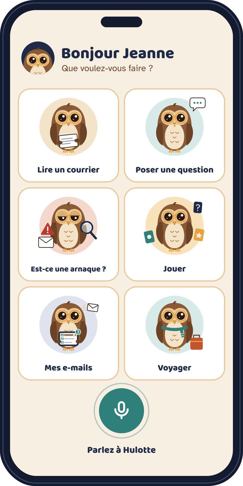 L'écran d'accueil de l'application Hulotte sur un téléphone.